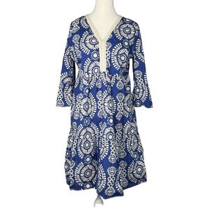 SAIPH Women's Blue White Print V Neck Bell Sleeve Cotton Dress Knee Length Large